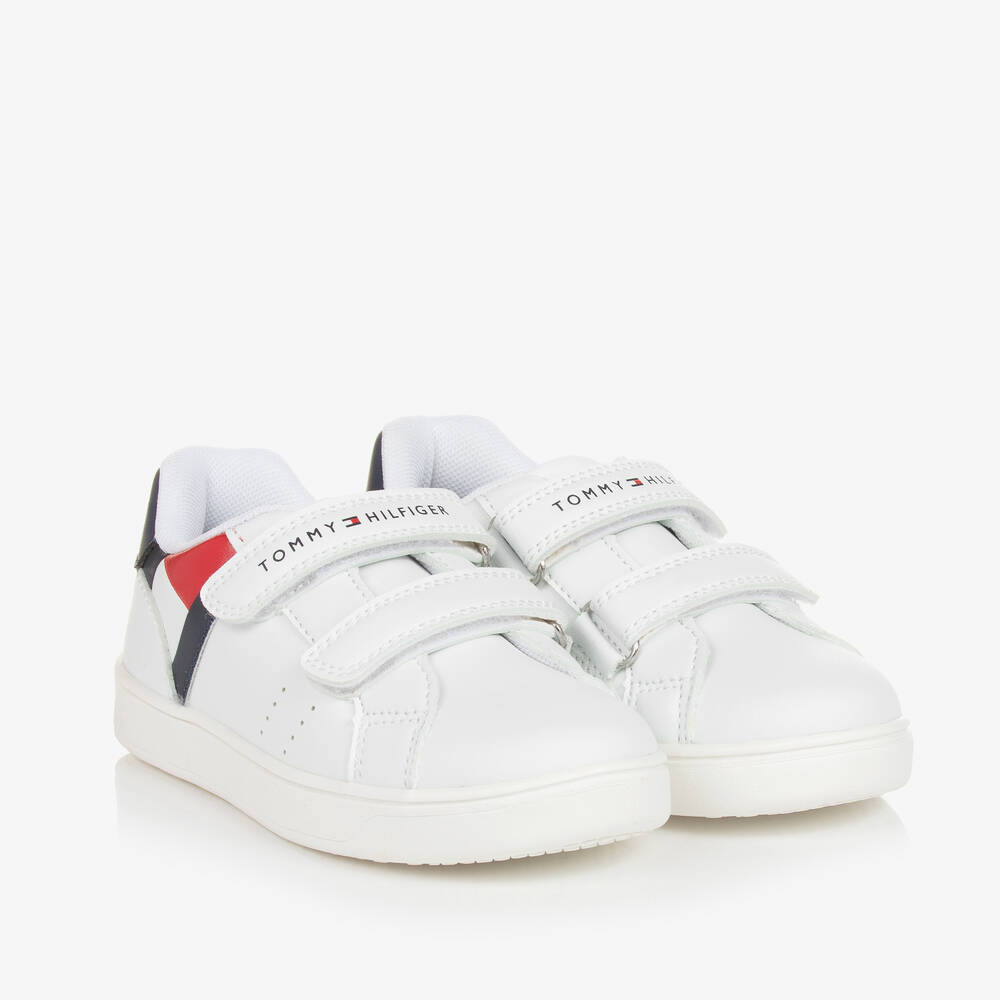Tommy Hilfiger - Boys White Faux Leather Velcro Trainers | Childrensalon