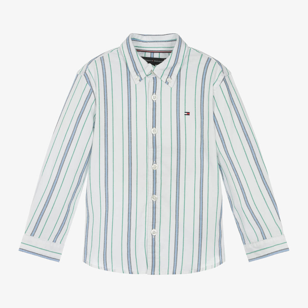 Tommy Hilfiger - قميص قطن أكسفورد مقلم لون أبيض للأولاد | Childrensalon