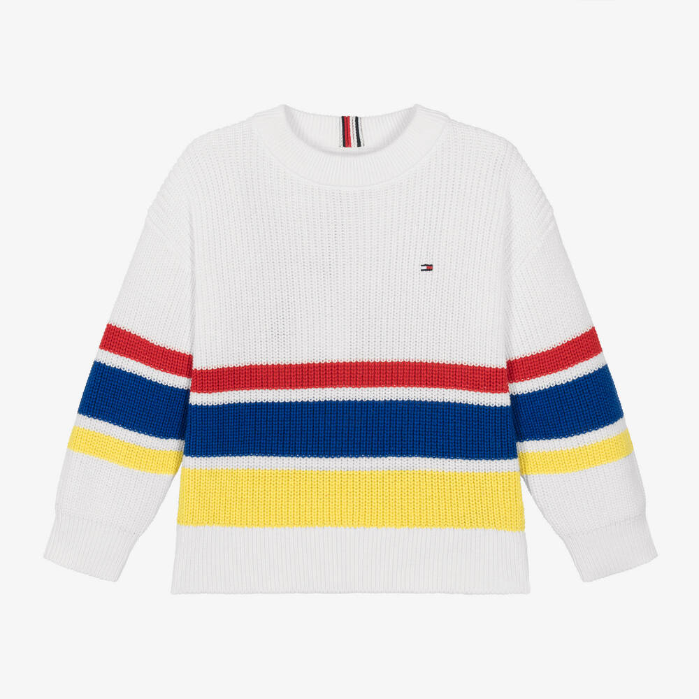 Tommy Hilfiger - Boys White Striped Cotton Sweater | Childrensalon