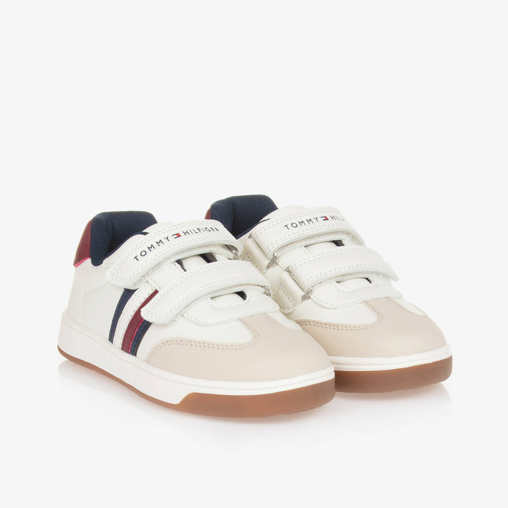 Tommy Hilfiger - Boys White Striped Velcro Trainers | Childrensalon