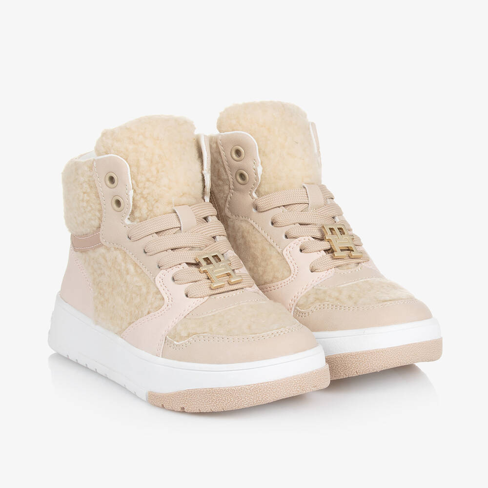 Tommy Hilfiger - Girls Beige Sherpa High Top Trainers | Childrensalon