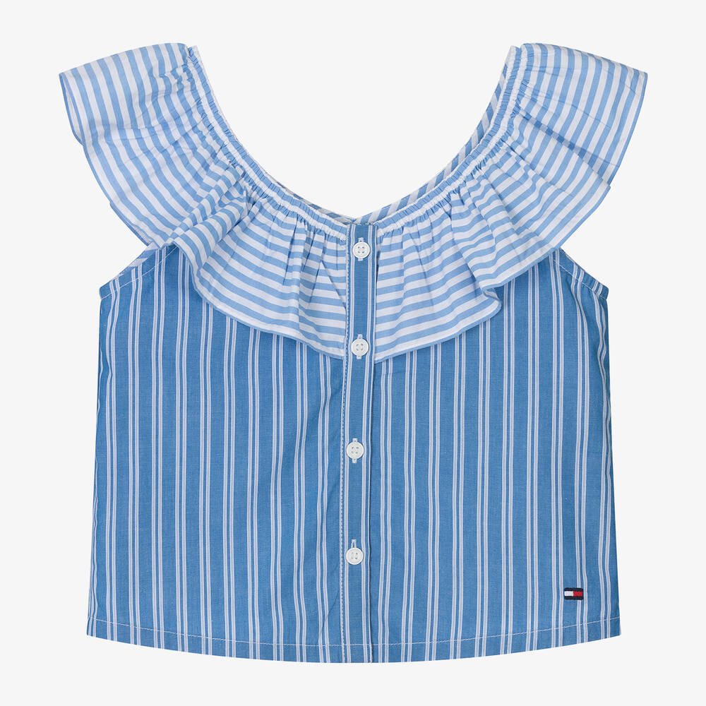 Tommy Hilfiger - Girls Blue Cotton Stripe Blouse | Childrensalon
