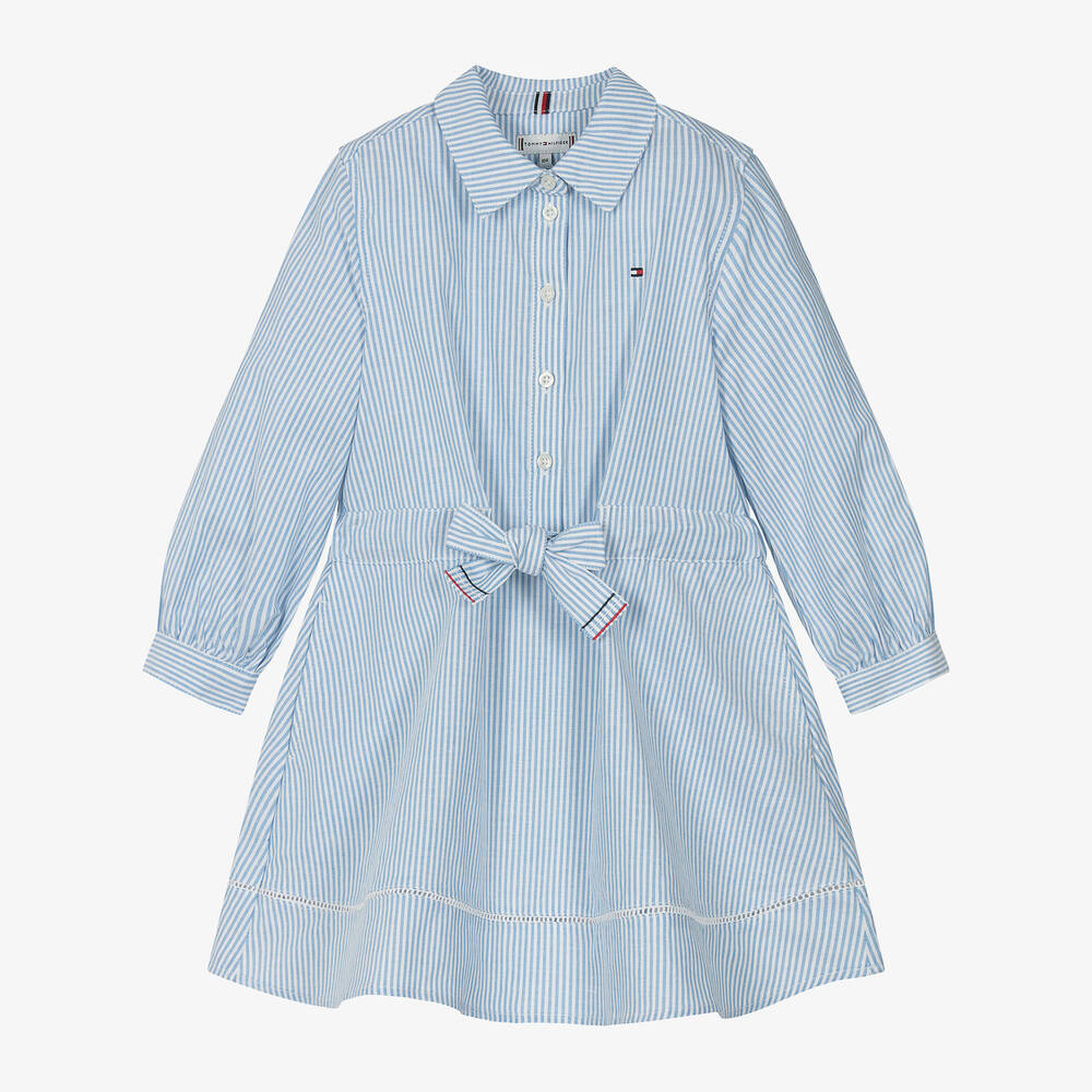 Tommy Hilfiger - فستان قميص قطن عضوي مقلم لون أزرق | Childrensalon