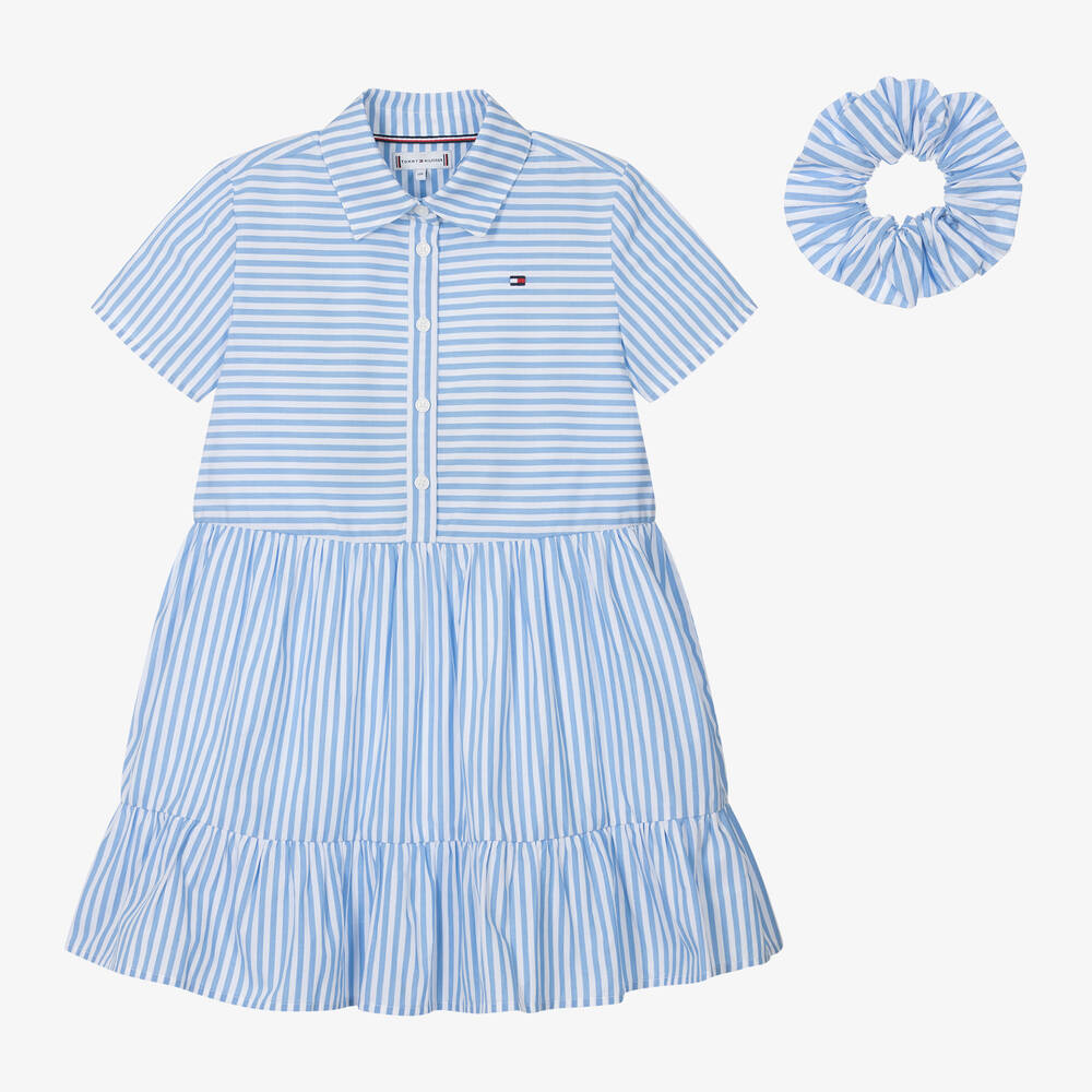 Tommy Hilfiger - فستان قميص قطن عضوى بوبلين مقلم لون أزرق و أبيض للبنات | Childrensalon