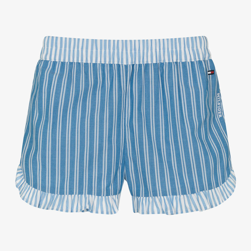 Tommy Hilfiger - Girls Blue Striped Cotton Shorts | Childrensalon