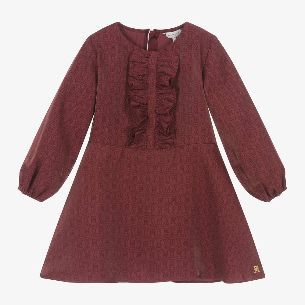 Tommy Hilfiger - فستان مودال جيرسي مزين بكشكش لون أحمر برغندي | Childrensalon