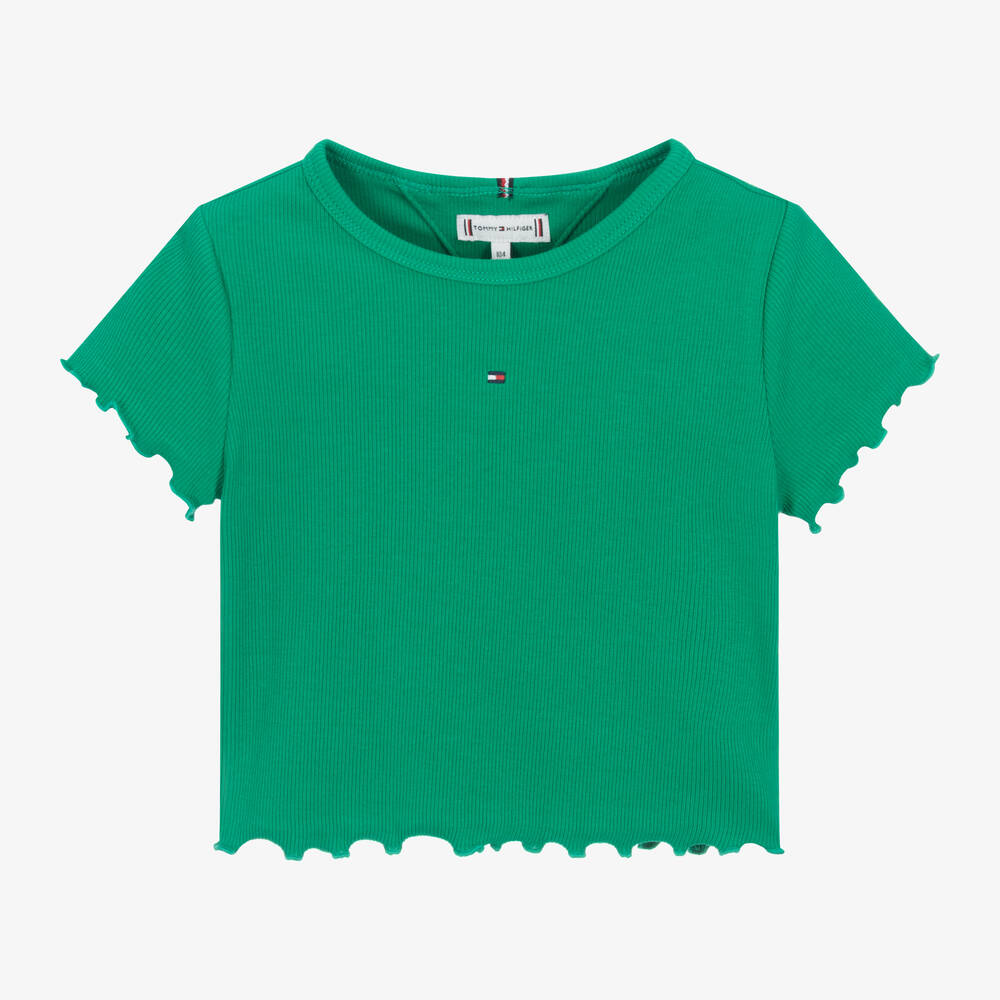 Tommy Hilfiger - Girls Green Ribbed Cotton T-Shirt | Childrensalon