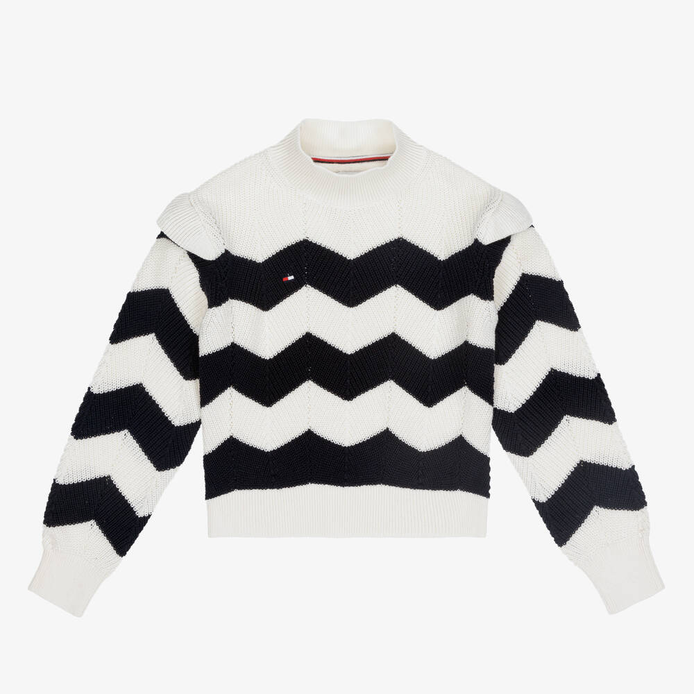 Tommy Hilfiger - Girls Ivory & Blue Cotton Sweater | Childrensalon