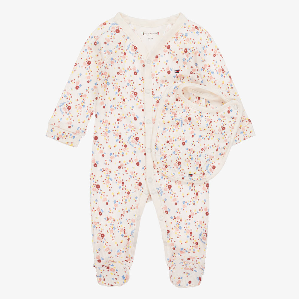 Tommy Hilfiger - Girls Ivory Cotton Floral Babysuit Set | Childrensalon