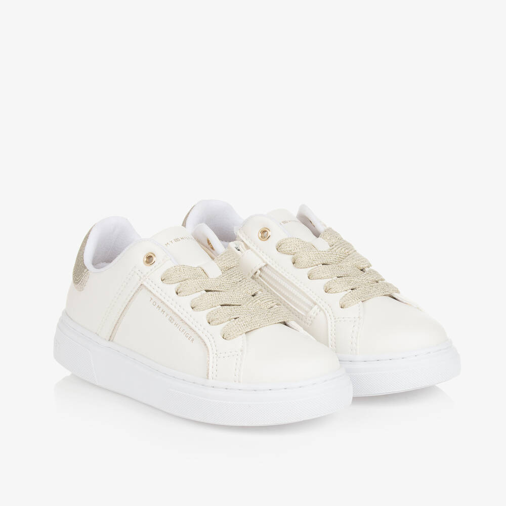 Tommy Hilfiger - Girls Ivory Faux Leather Trainers | Childrensalon