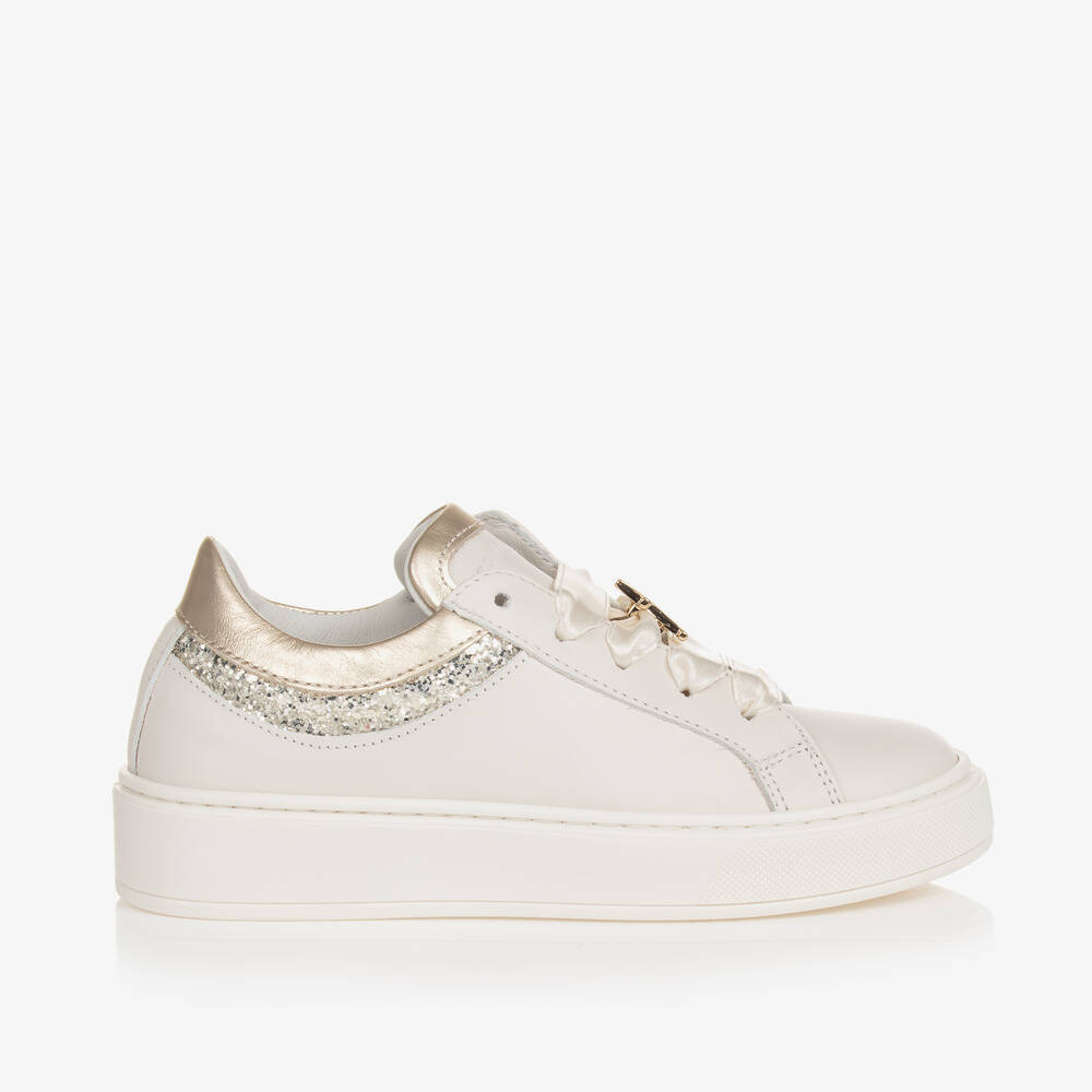 Tommy Hilfiger Kids' Girls Ivory & Gold Leather Trainers