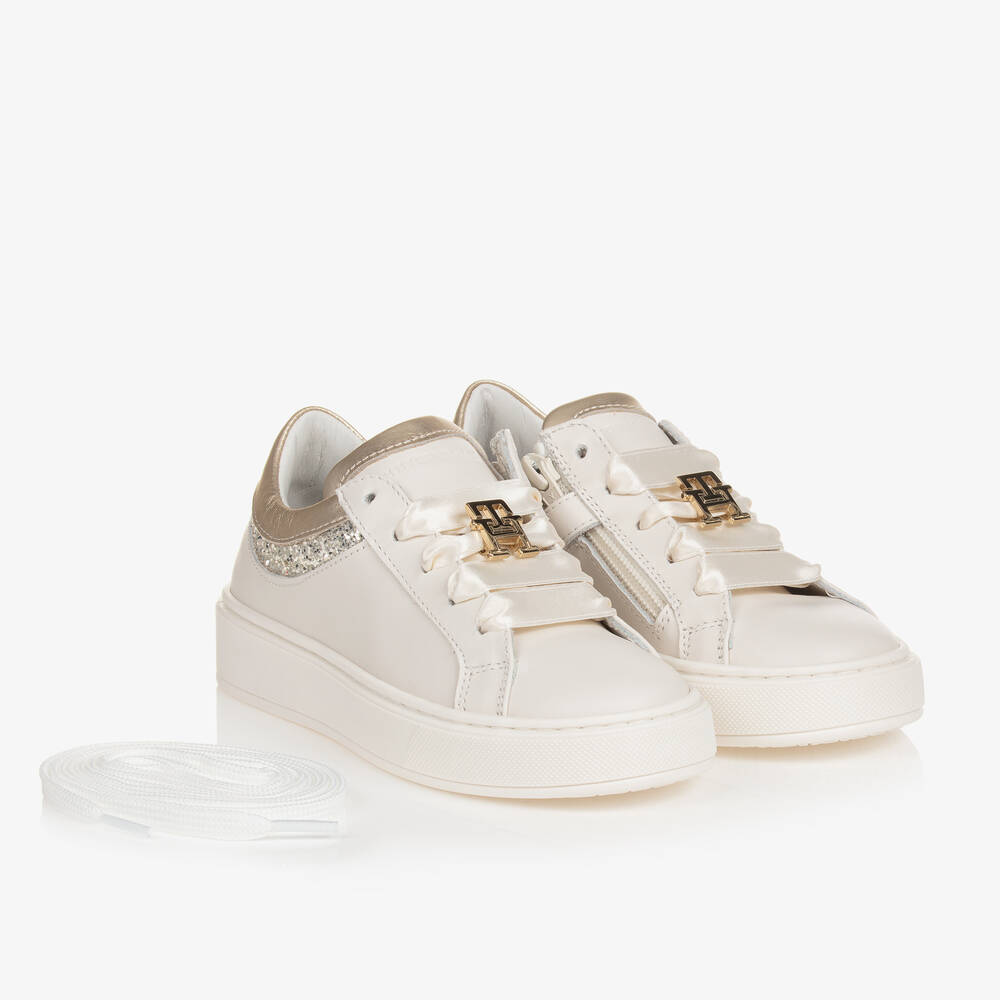 Tommy Hilfiger - Girls Ivory & Gold Leather Trainers | Childrensalon