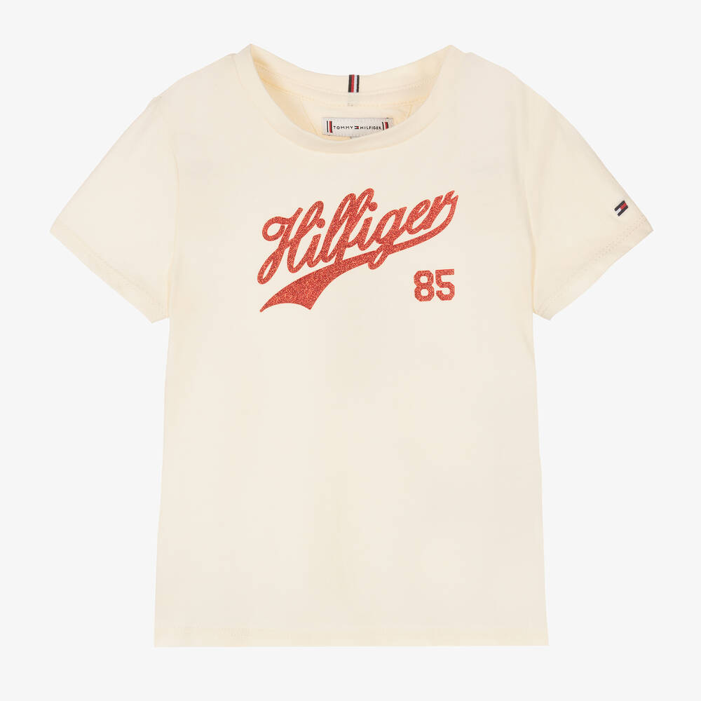 Tommy Hilfiger - Girls Ivory & Red Glitter Varsity T-Shirt | Childrensalon