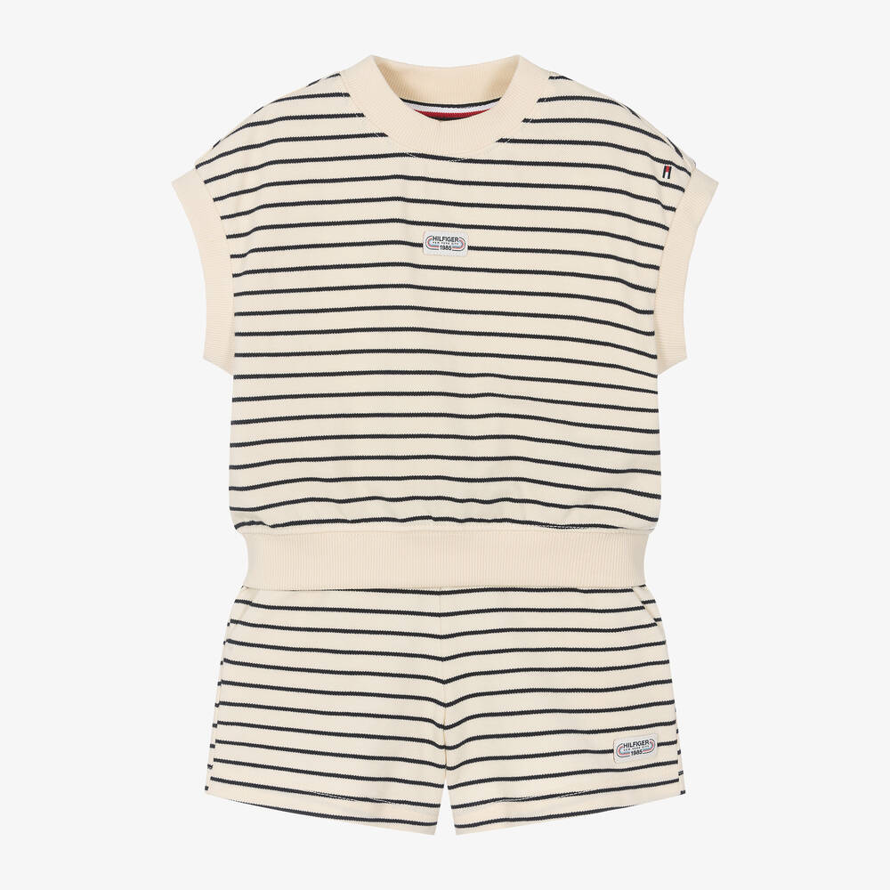 Tommy Hilfiger - Girls Ivory Striped Cotton Shorts Set | Childrensalon