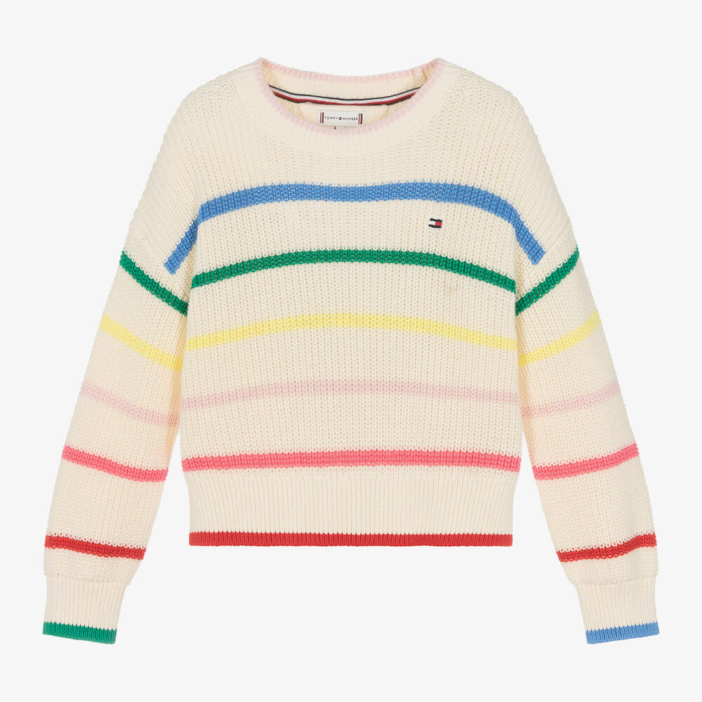Tommy Hilfiger - Girls Ivory Striped Organic Cotton Sweater | Childrensalon