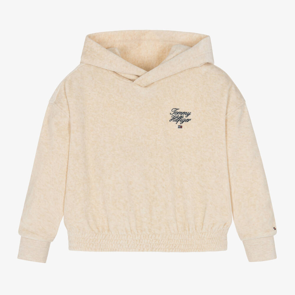 Tommy Hilfiger - Girls Ivory Velour Script Logo Hoodie | Childrensalon