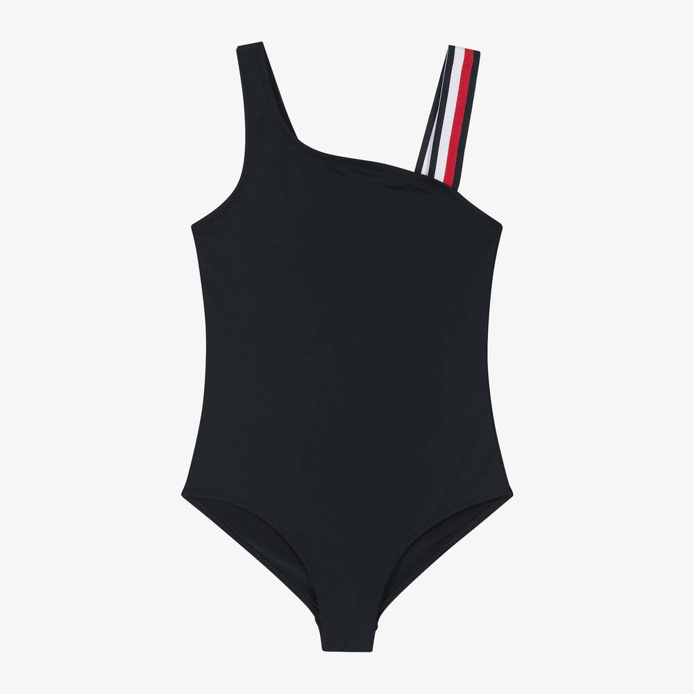Tommy Hilfiger - Girls Navy Blue Asymmetric Swimsuit | Childrensalon