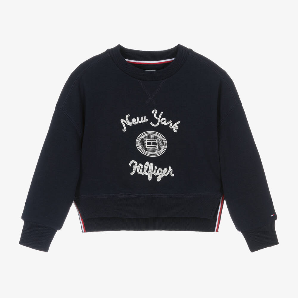 Tommy Hilfiger - Girls Navy Blue Beaded Cotton Sweatshirt | Childrensalon