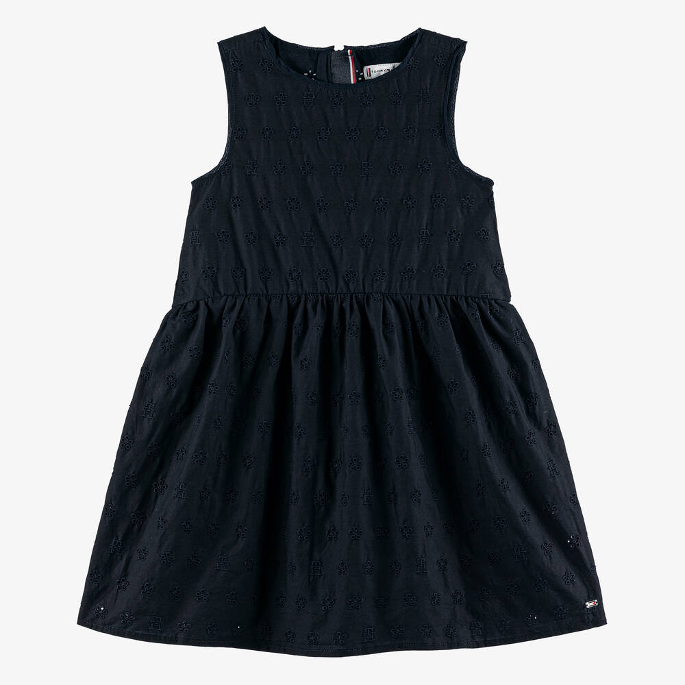 Tommy Hilfiger - Girls Navy Blue Broderie Anglaise Dress | Childrensalon