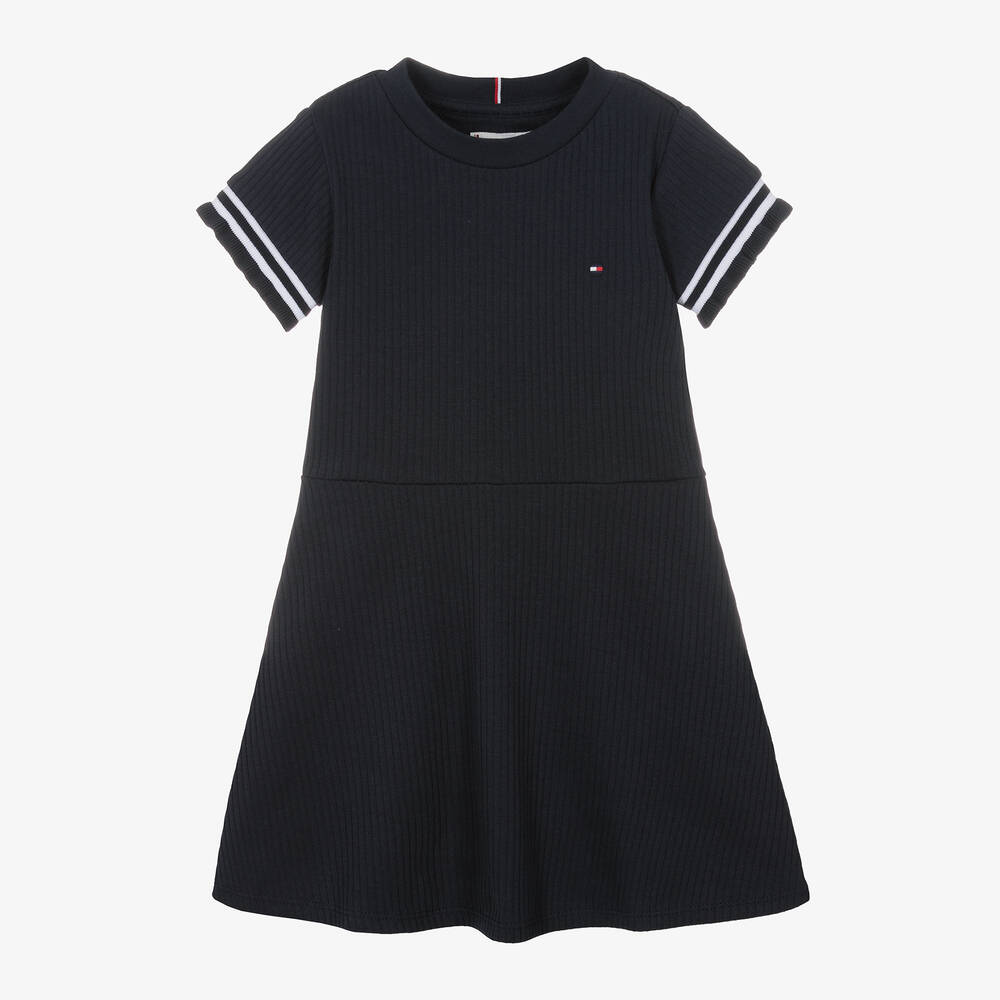 Tommy Hilfiger - Girls Navy Blue Cotton Rib Jersey Dress | Childrensalon