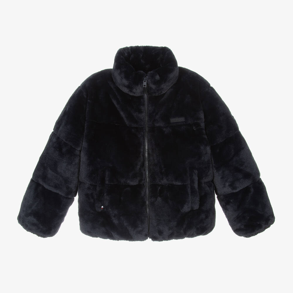 Tommy Hilfiger - Girls Navy Blue Faux Fur Jacket | Childrensalon