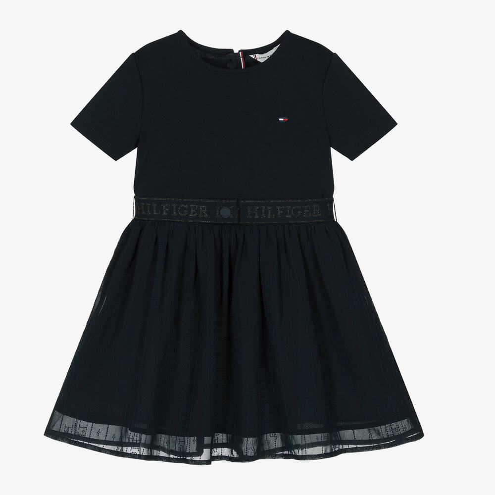 Tommy Hilfiger - Girls Navy Blue Jersey & Tulle Dress | Childrensalon