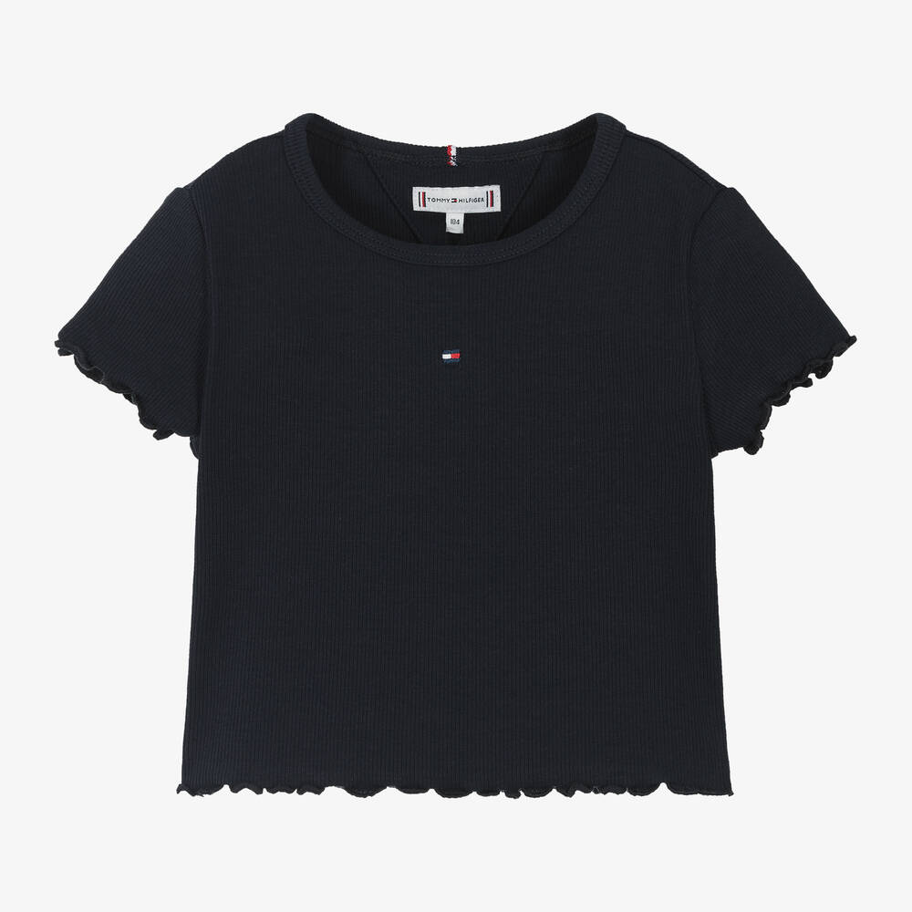 Tommy Hilfiger - Girls Navy Blue Ribbed Cotton T-Shirt | Childrensalon