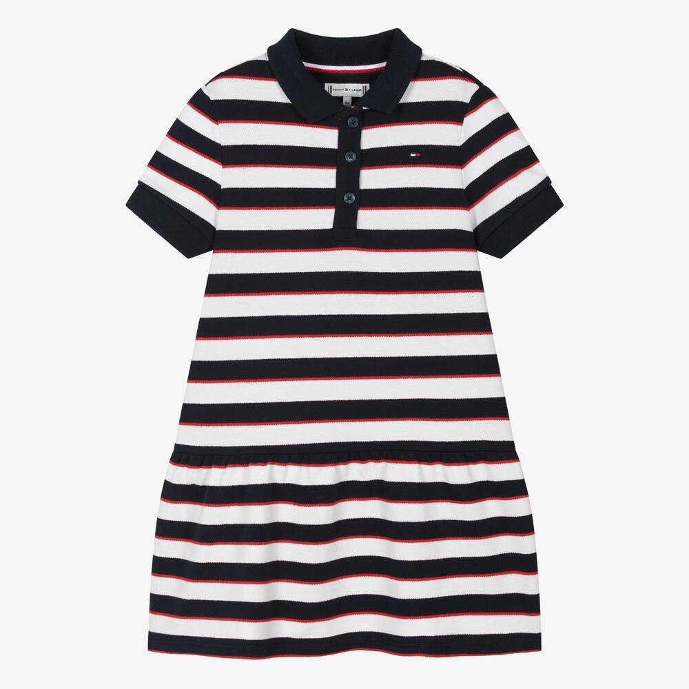 Tommy Hilfiger - Girls Navy Blue Striped Polo Shirt Dress | Childrensalon