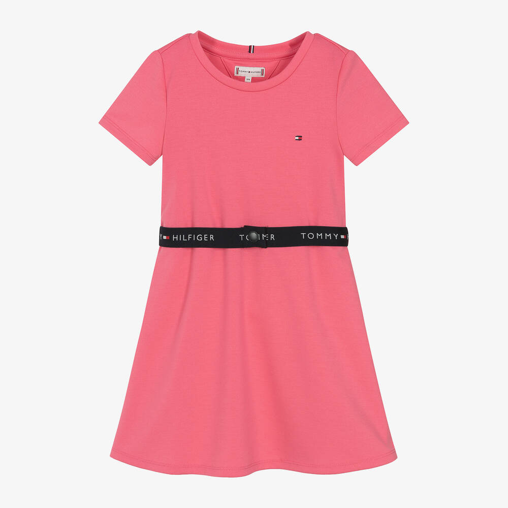 Tommy Hilfiger - Girls Pink Belted Skater Dress | Childrensalon