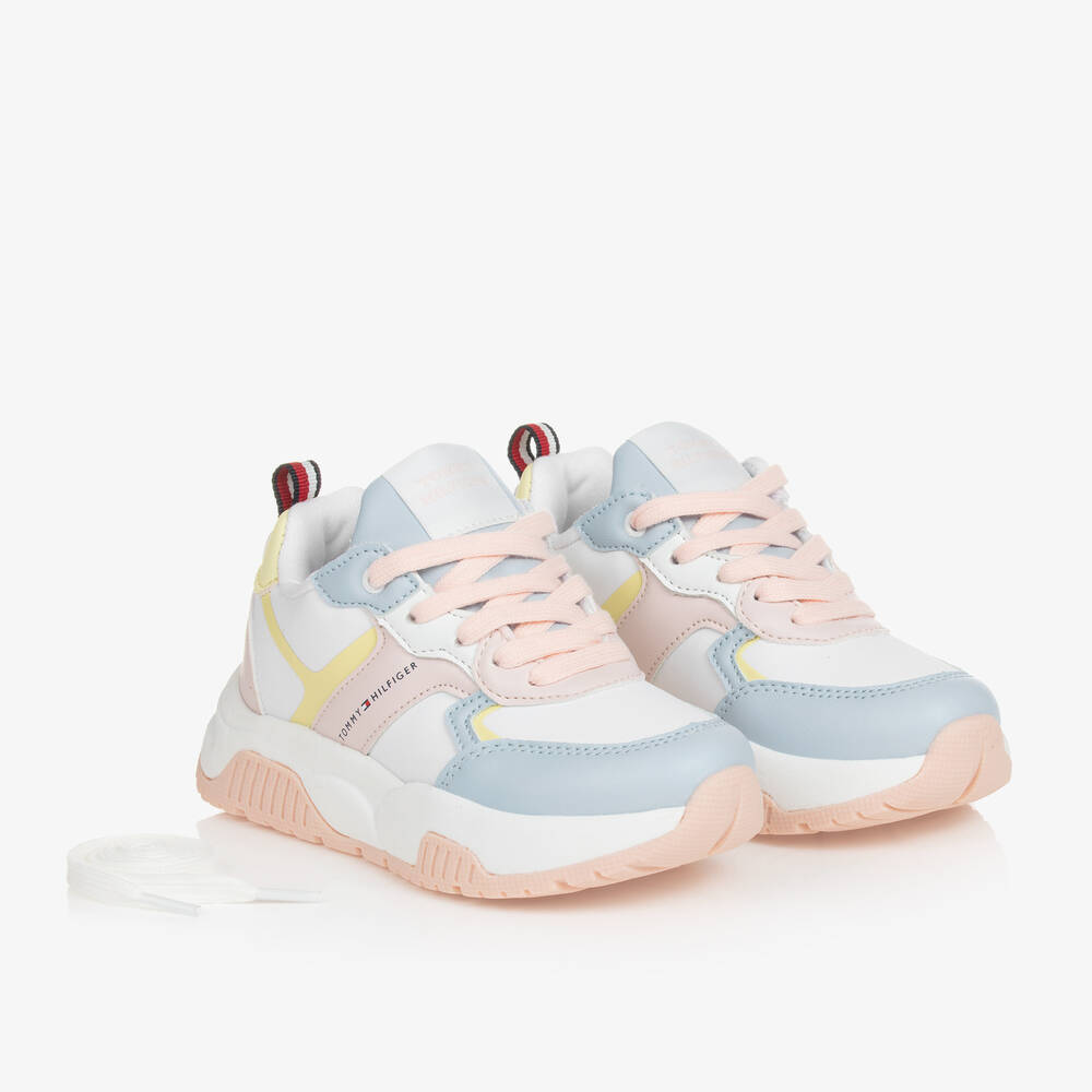 Tommy Hilfiger - Girls Pink & Blue Faux Leather Trainers | Childrensalon