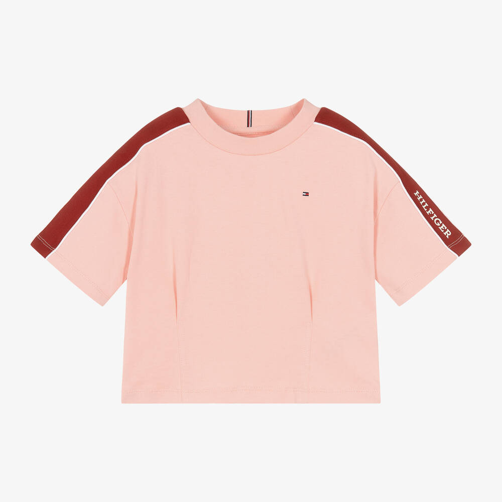 Tommy Hilfiger - Girls Pink Cotton Logo Tape T-Shirt | Childrensalon