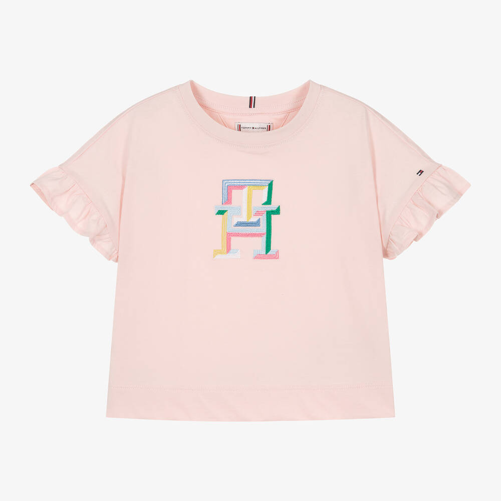 Tommy Hilfiger - Girls Pink Cotton Monogram T-Shirt | Childrensalon