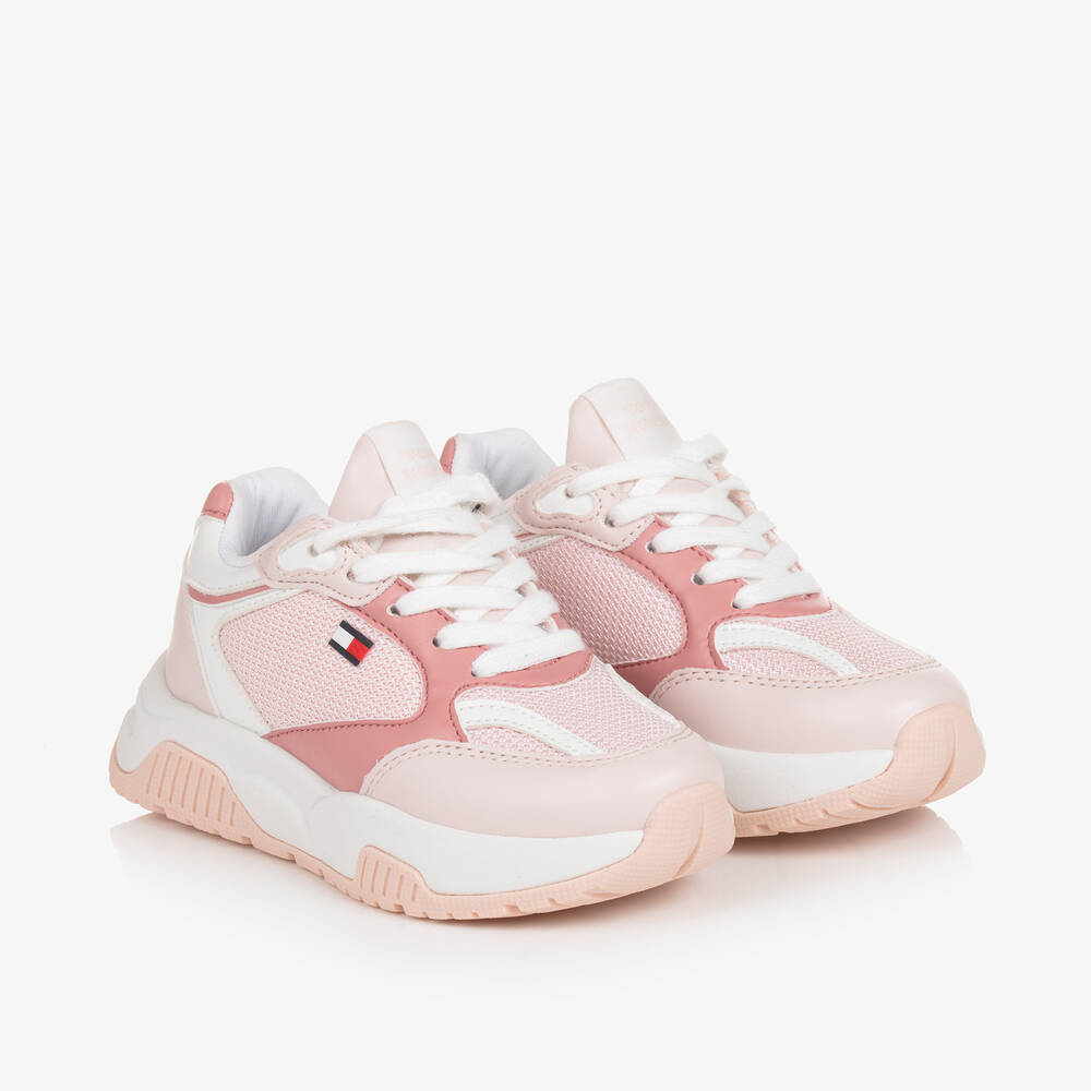 Tommy Hilfiger - Girls Pink Faux Leather Trainers | Childrensalon