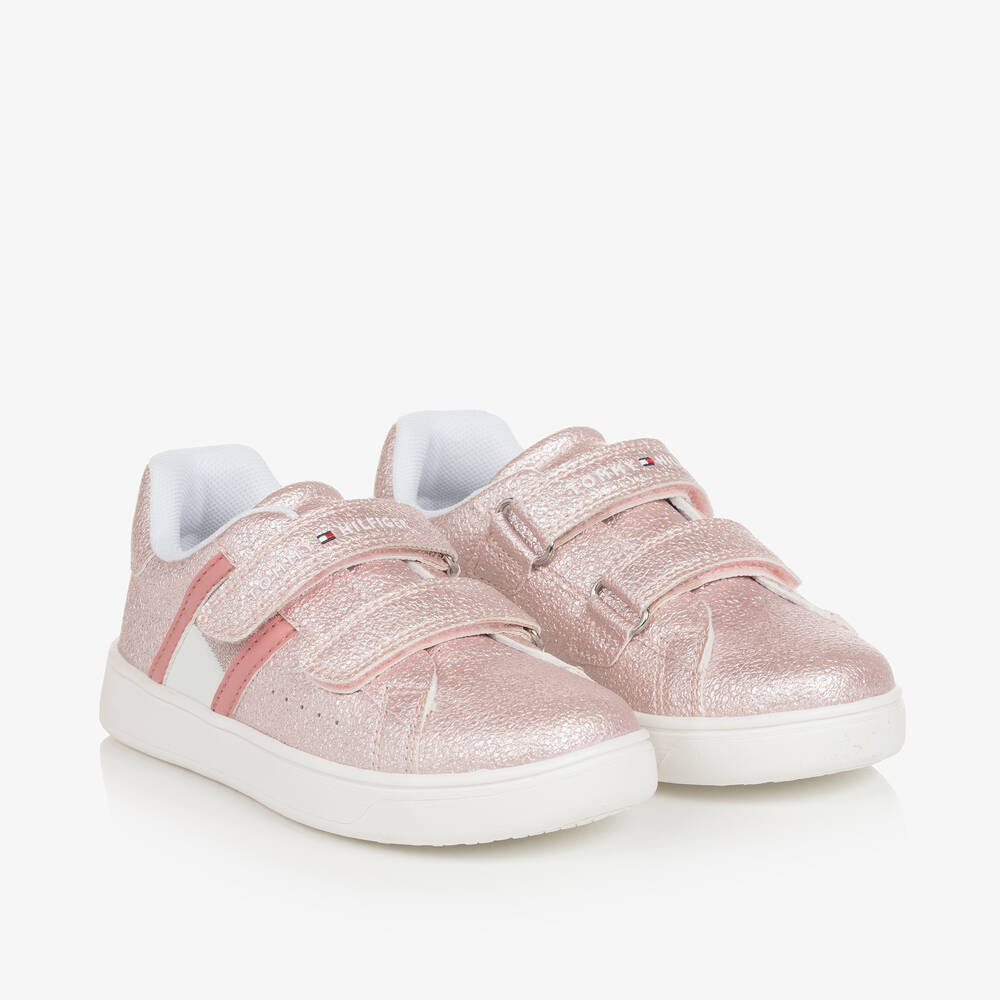 Tommy Hilfiger - Girls Pink Glitter Faux Leather Trainers | Childrensalon