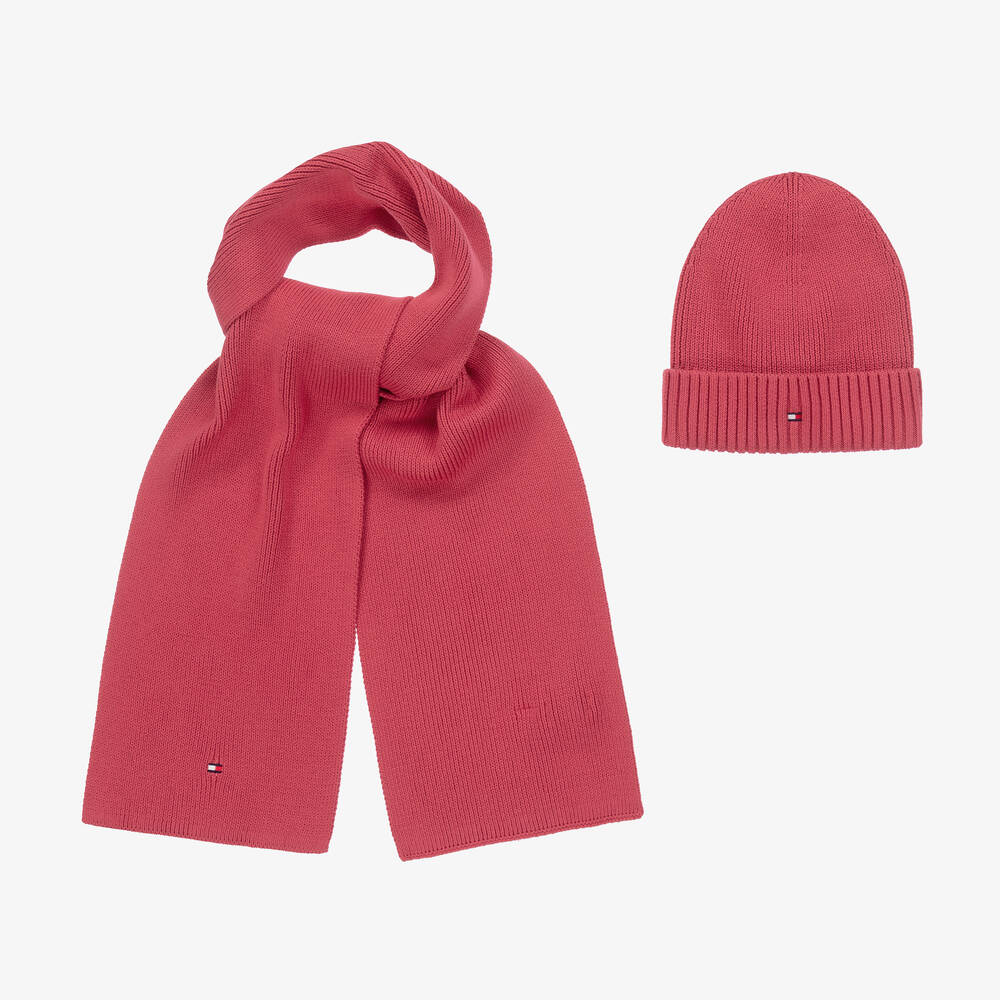 Tommy Hilfiger - Girls Pink Knitted Cotton Hat & Scarf Set | Childrensalon