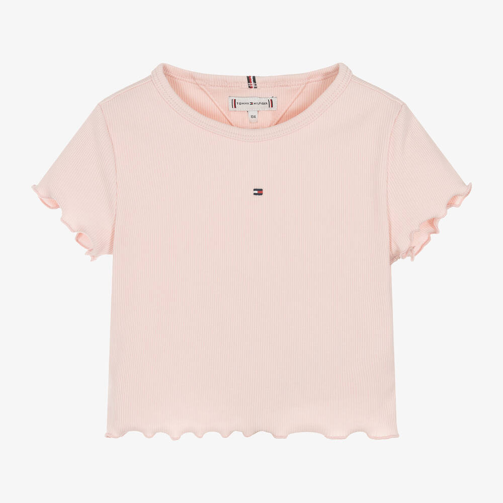 Tommy Hilfiger - Girls Pink Ribbed Cotton Jersey T-Shirt | Childrensalon