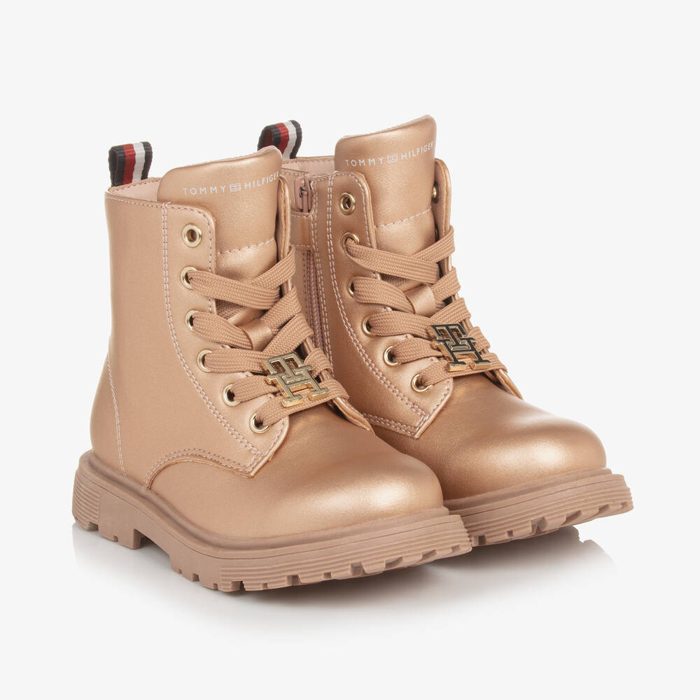 Tommy Hilfiger - Girls Rose Gold Faux Leather Ankle Boots | Childrensalon