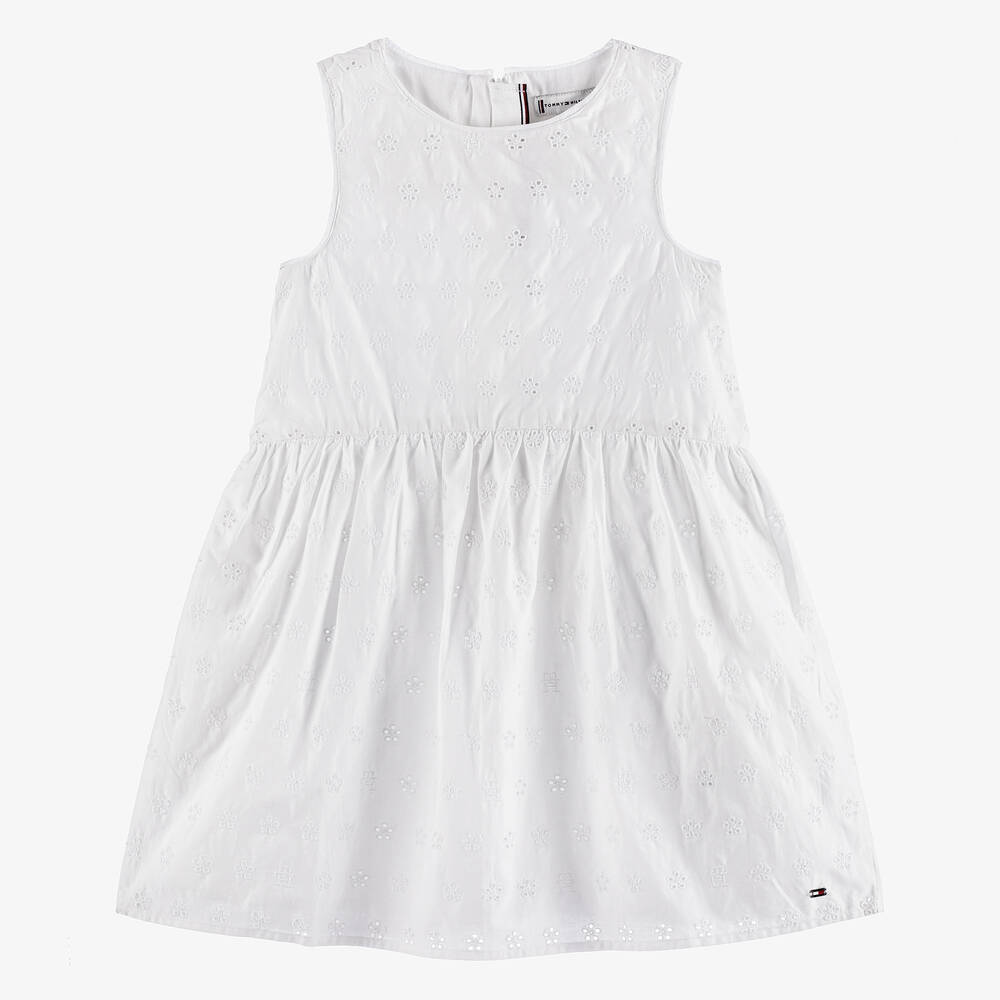 Tommy Hilfiger - Girls White Broderie Anglaise Dress | Childrensalon