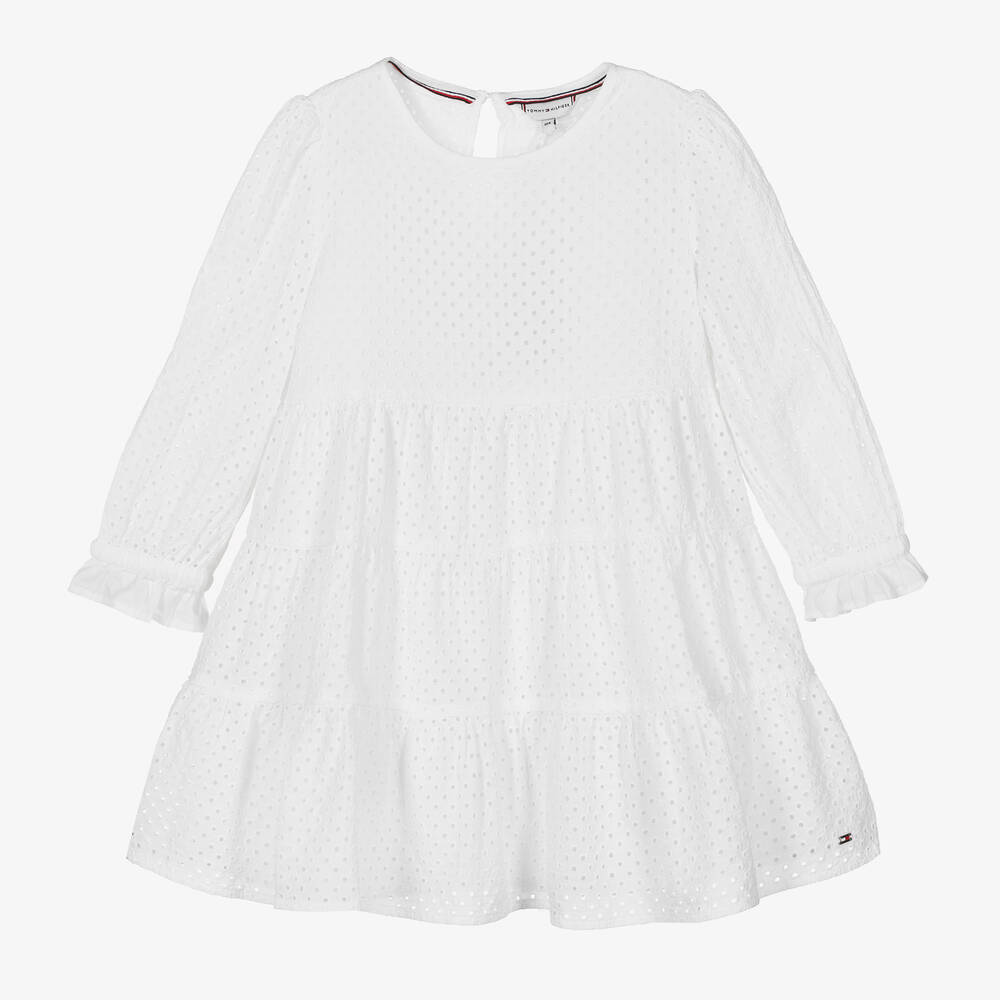 Tommy Hilfiger - Girls White Cotton Broderie Anglaise Dress | Childrensalon