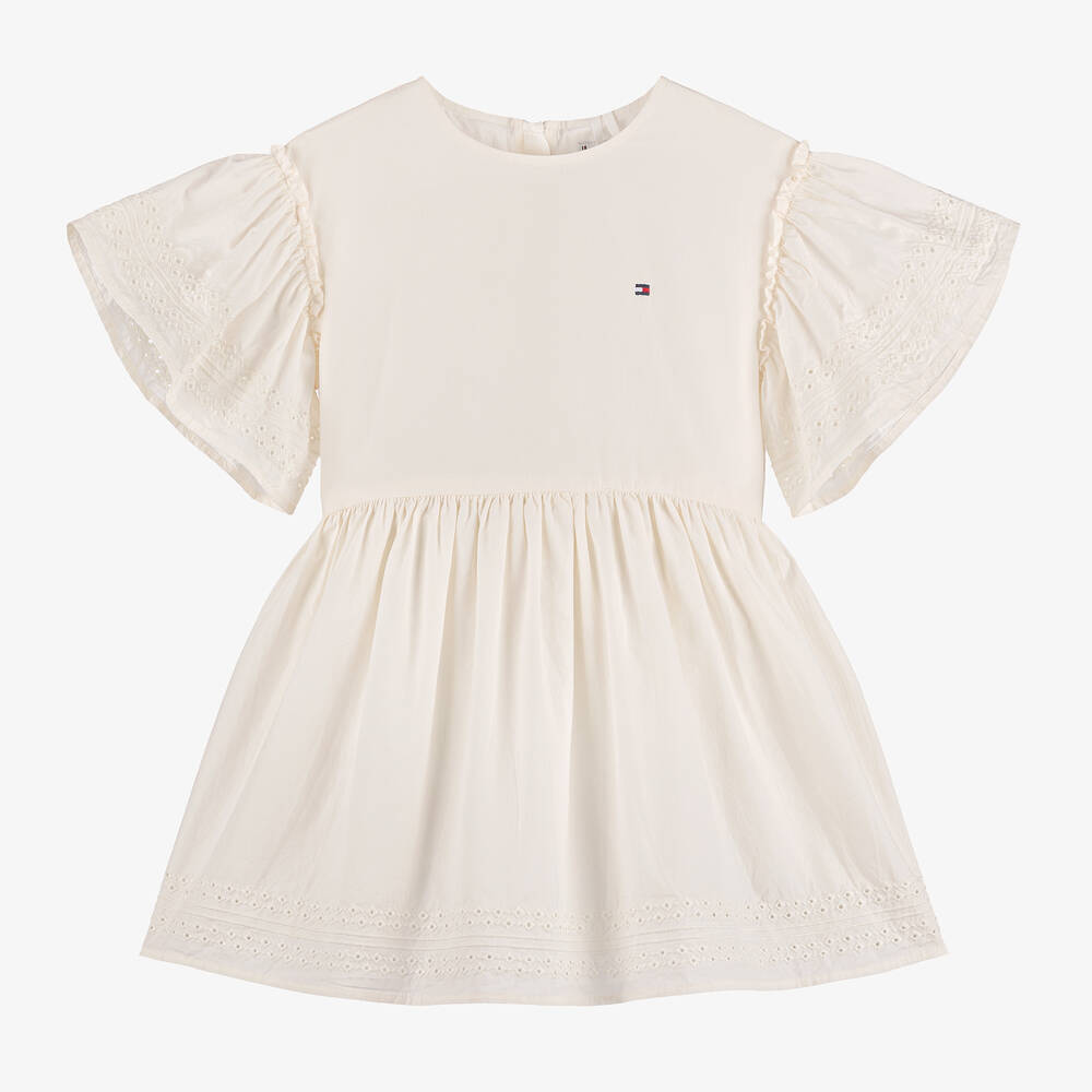 Tommy Hilfiger - Girls White Cotton Broderie Anglaise Dress | Childrensalon