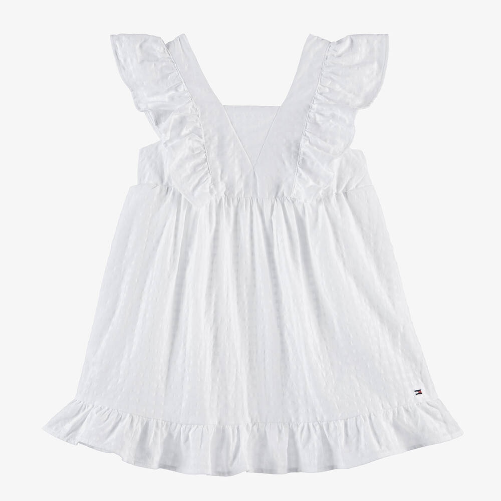 Tommy Hilfiger - فستان قطن سيرسوكر لون أبيض مزين بكشكش | Childrensalon