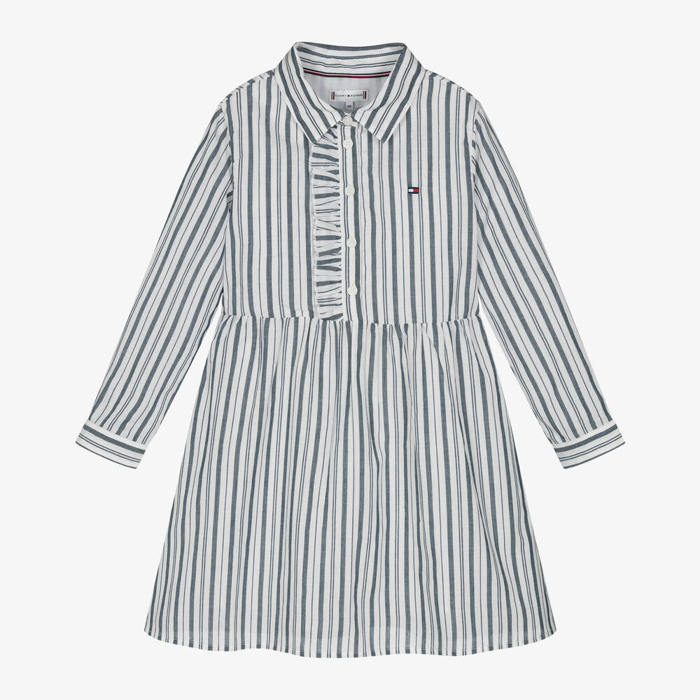 Tommy Hilfiger - Girls White Cotton Striped Shirt Dress | Childrensalon