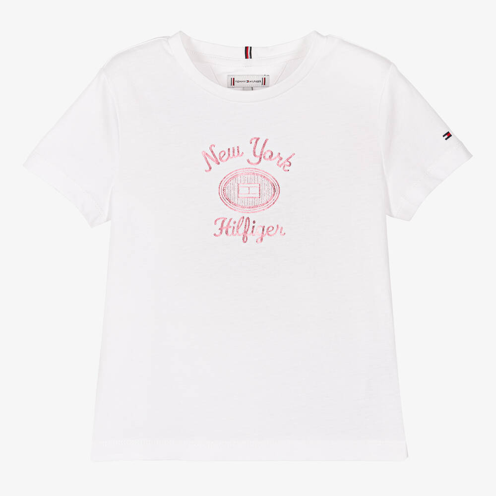 Tommy Hilfiger - Girls White Cotton Varsity T-Shirt | Childrensalon