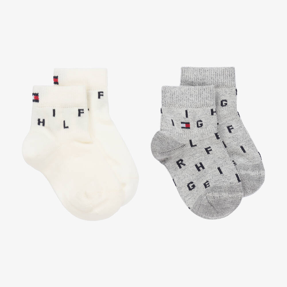 Tommy Hilfiger - Grey & Ivory Cotton Letter Socks (2 Pack) | Childrensalon