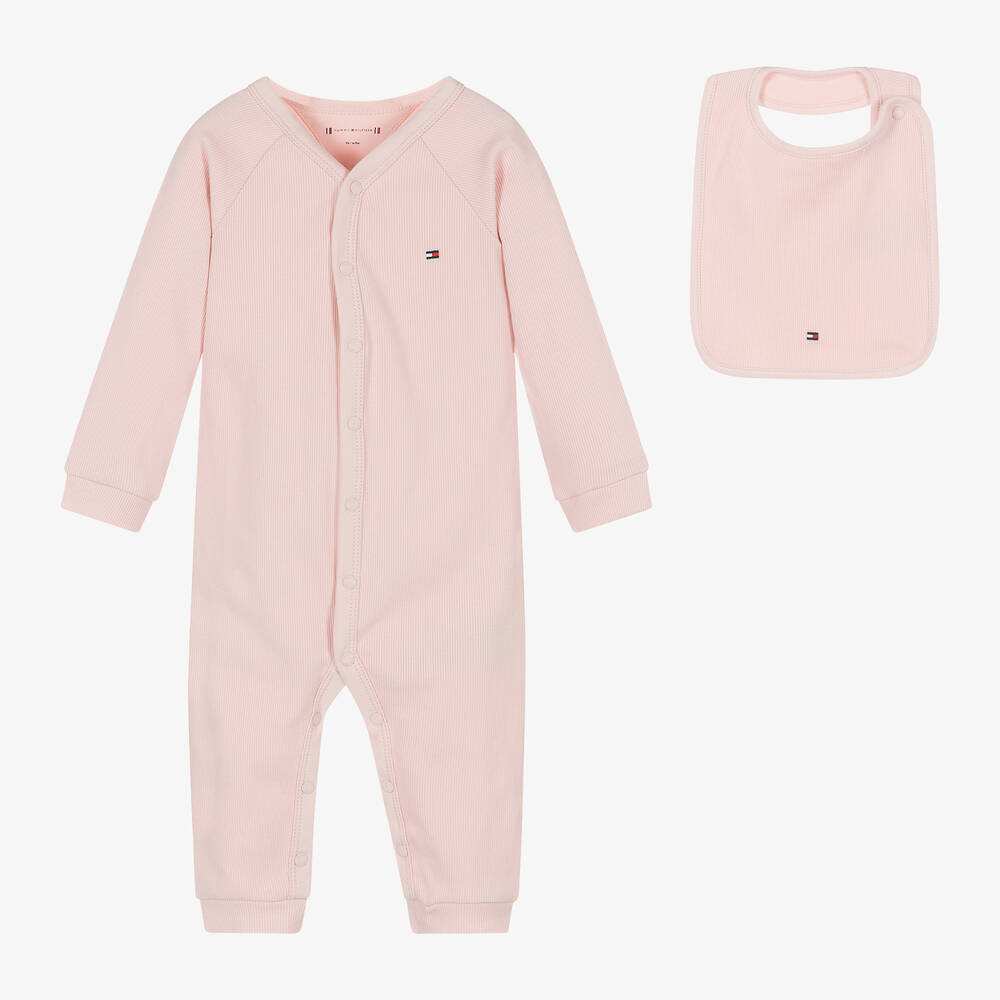 Tommy Hilfiger Girls Pink Cotton Babysuit & Bib Gift Set