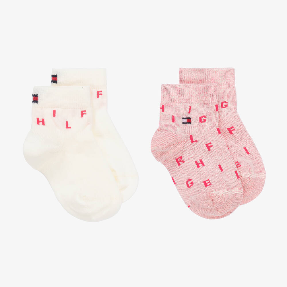 Tommy Hilfiger - Pink & Ivory Cotton Letter Socks (2 Pack) | Childrensalon