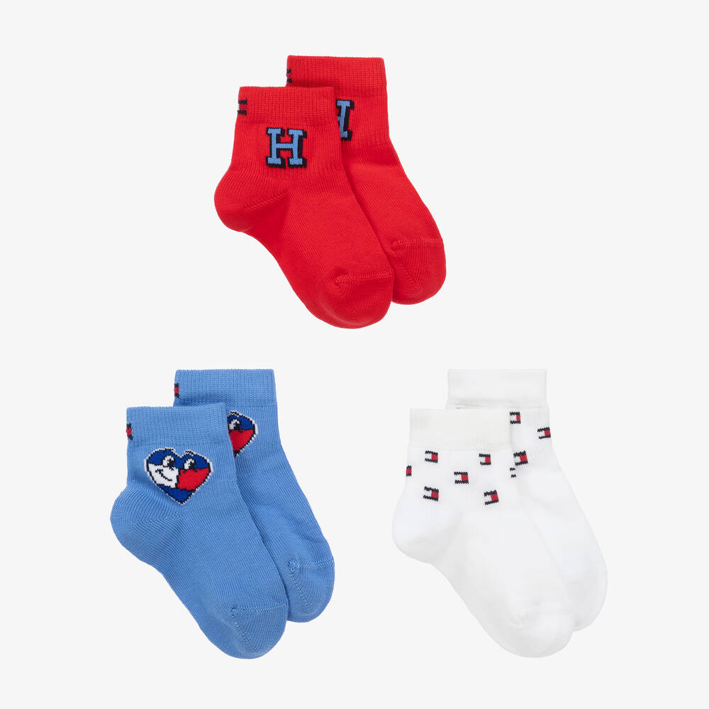Tommy Hilfiger - Red & Blue Cotton Baby Socks (3 Pack) | Childrensalon