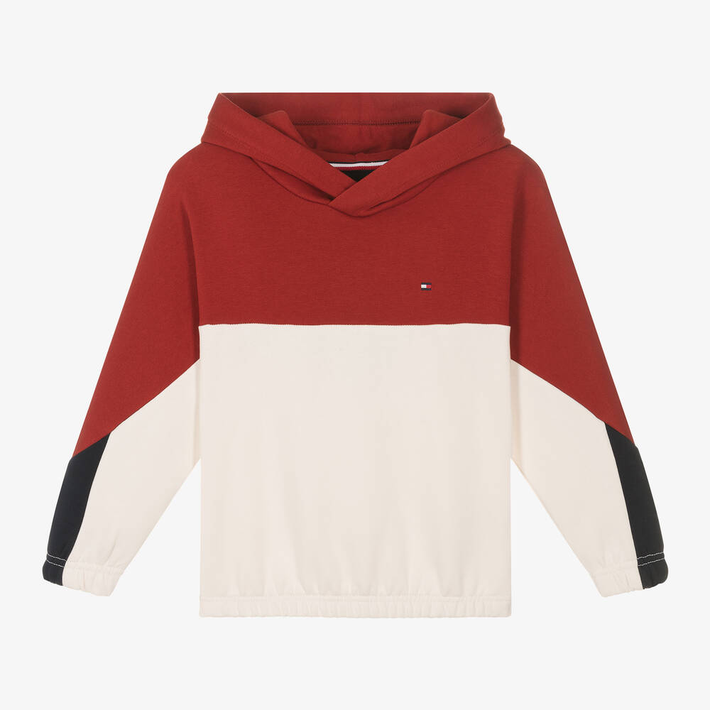 Tommy Hilfiger - Red & White Cotton Color Block Hoodie | Childrensalon