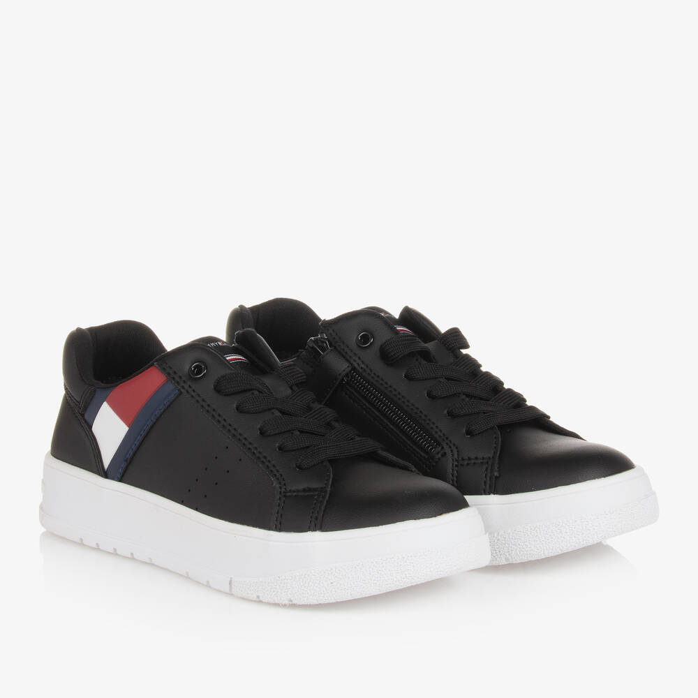 Tommy Hilfiger - Teen Black Faux Leather Flag Trainers | Childrensalon