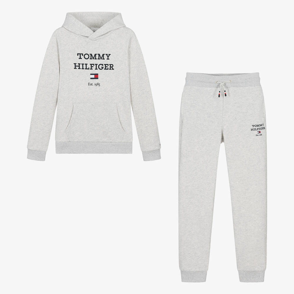 Tommy Hilfiger Teen Boys Blue Cotton Hooded Tracksuit In Grey
